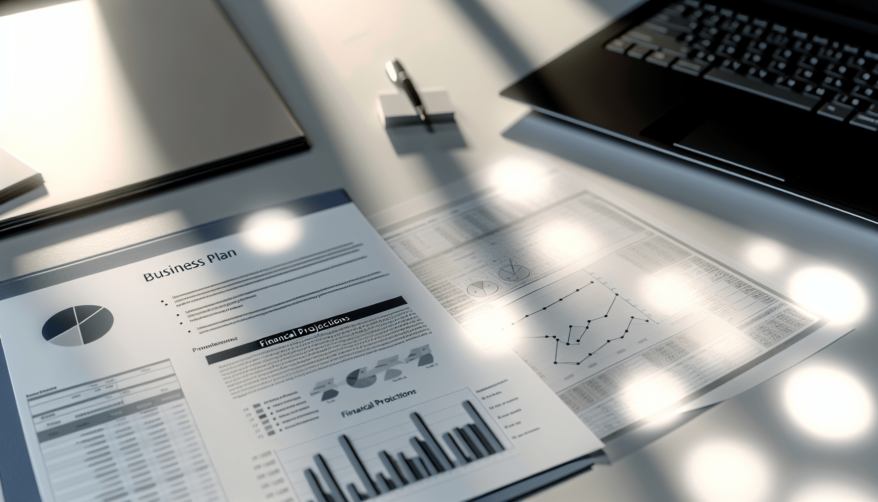 Financial projections and business plan document on a desk
